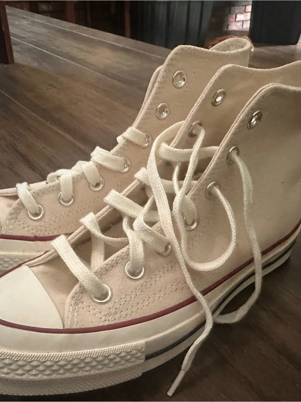 Converse High Top Sneakers in Cream with Red Trim